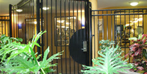 A sleek black metal gate, representative of commercial fencing in Seattle.