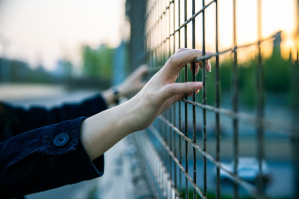 Woman's Hand Holds a Stable Fence with Wire Mesh
